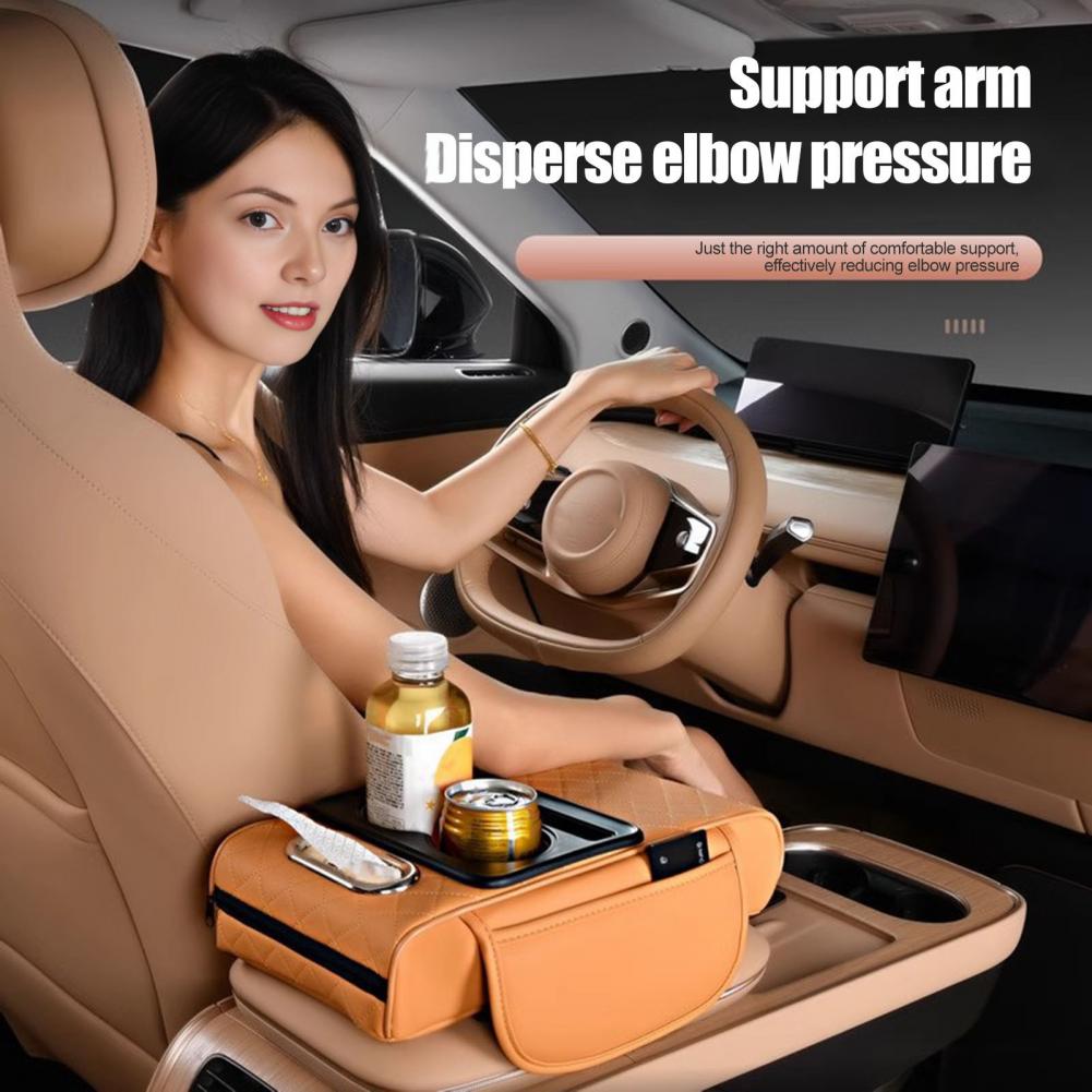 Car Armrest Box Faux Leather Armrest Organizer Mat Center Console Cover Side Pockets Cup Holder Center Console Storage Box