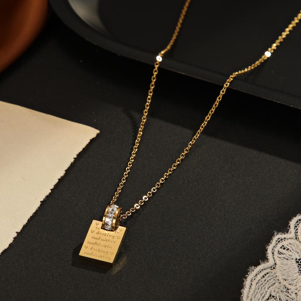 European and American Fashion English Square Necklace Women's Ins Niche Design Sense Versatile Diamond Pendant Necklace