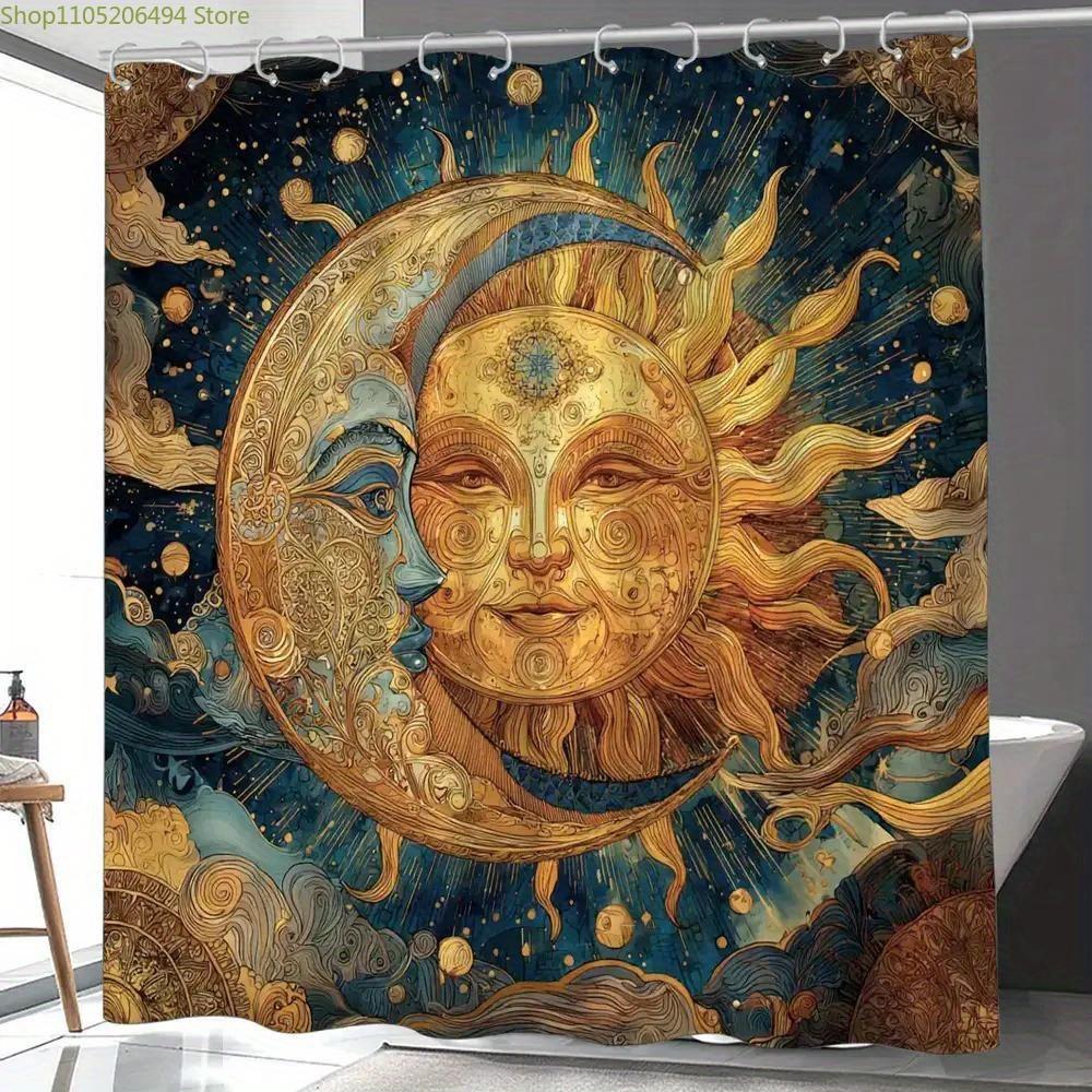 1pc of Cosmic Starry Bathroom Shower Curtain, Sun and Moon Fusion Theme, Dreamy Starry Sky Holiday Shower Curtain, Includes 12