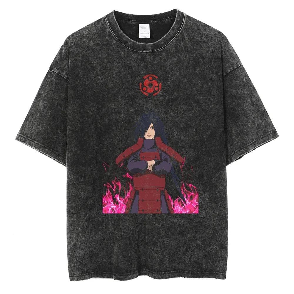 Sommer Kurzarm Baumwolle Herren Damen Streetwear Vintage Schwarz Gewaschenes T-Shirt Harajuku Anime Naruto Print T-Shirt Lockere Oberteile T-Shirts