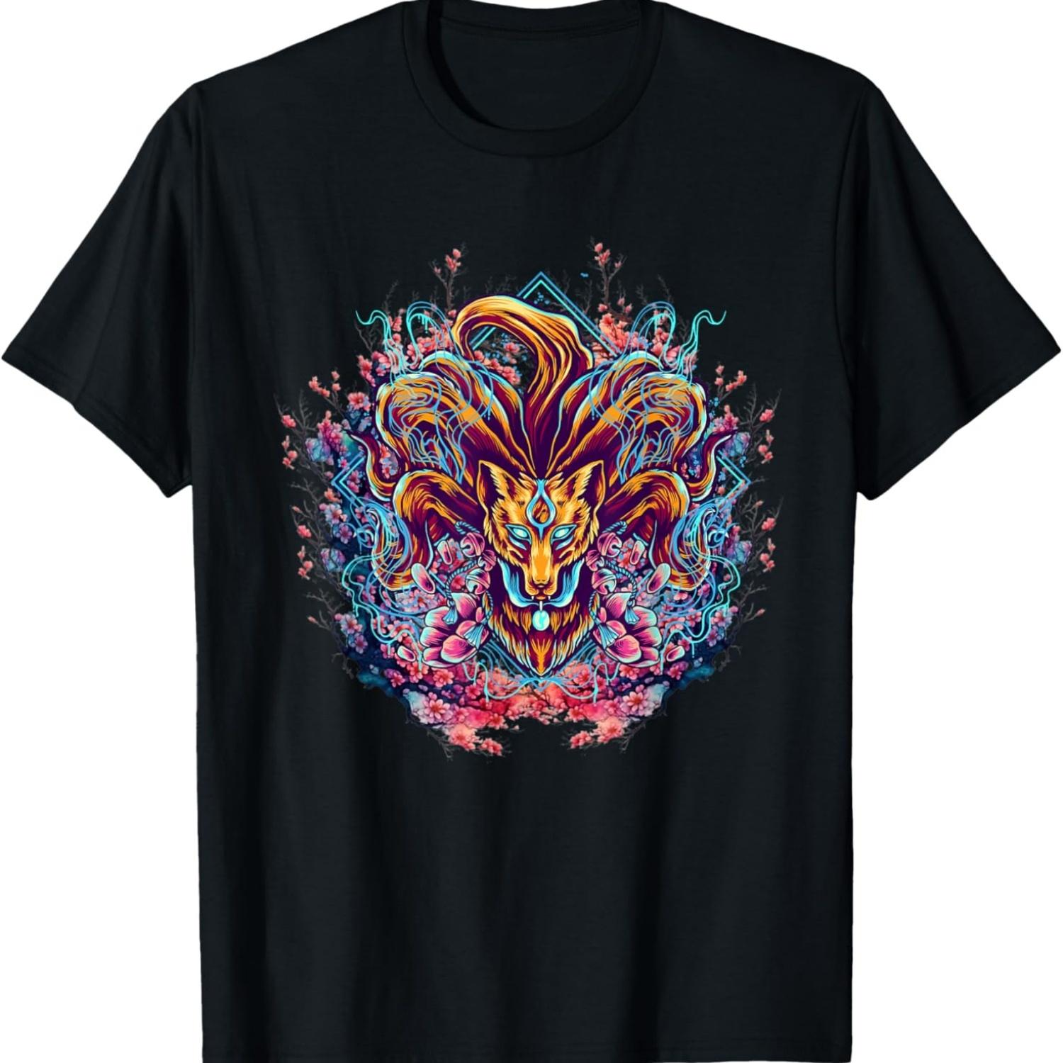 Kitsune Fox  Nine Tailed Fox cherry blossom T-Shirt(1) S чёрный