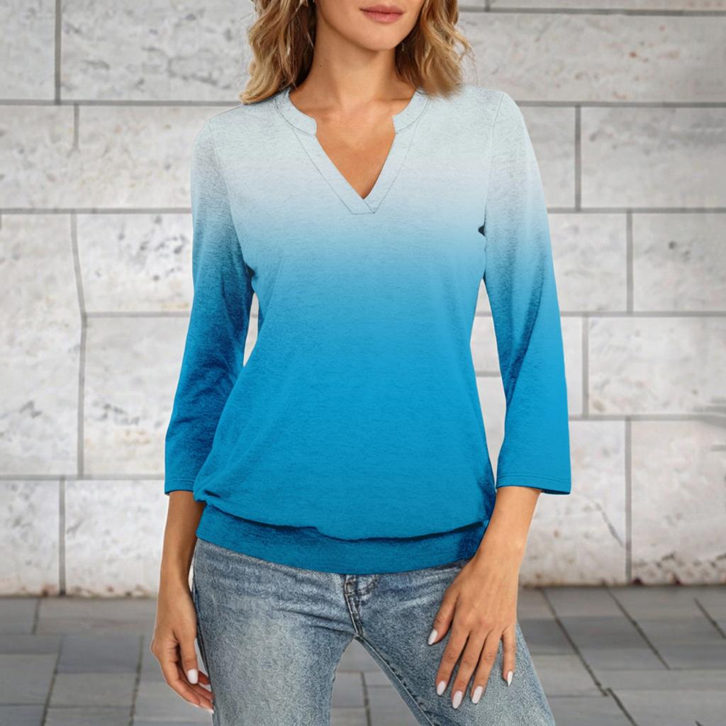 Women's 3/4 Sleeve Top Neck Hem V-Neck Summer Casual -Shirt Gradient Printed Top