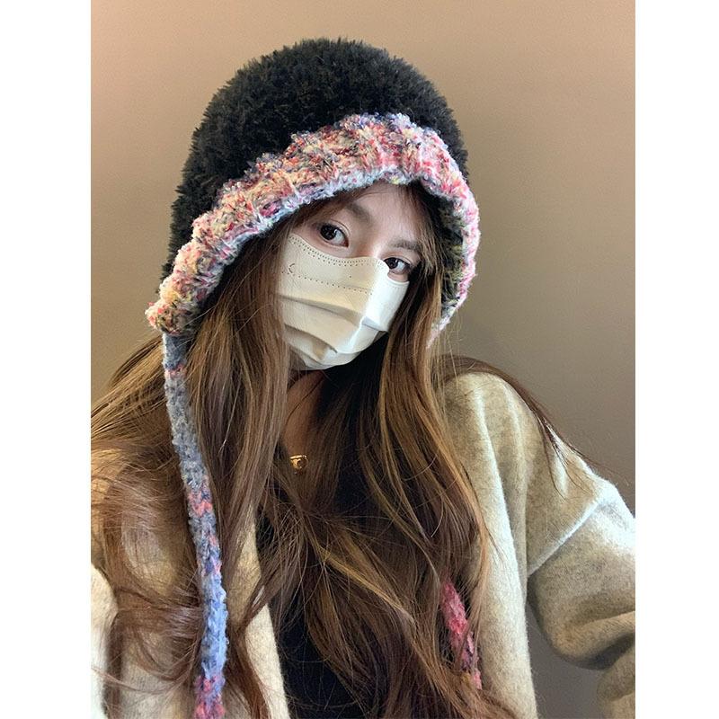 Large Head Circumference Plush Knitted Hat Women's Autumn and Winter Thickened Warm Ear Protection Woolen Hat Makes The Face Smaller