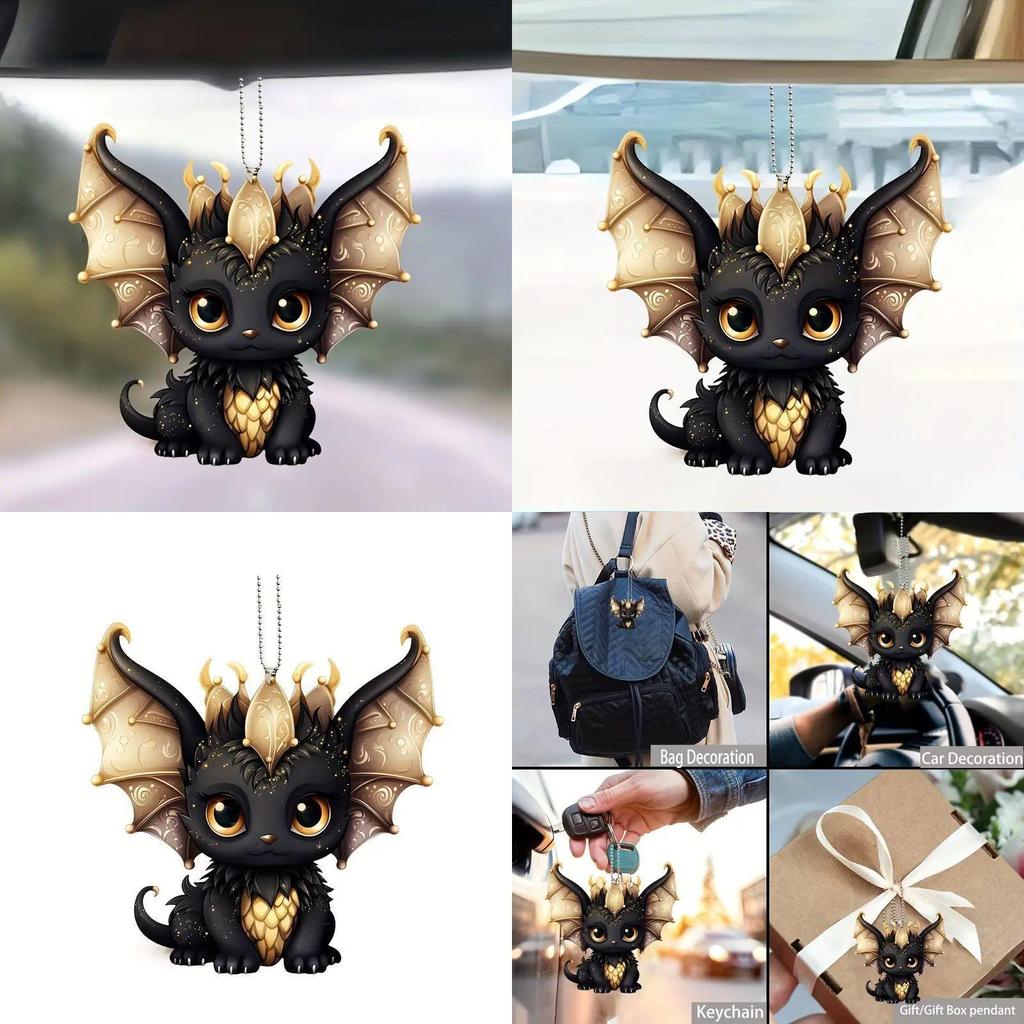 Car Decor Acrylic Flat Surface Black Dragon Pendant With Cartoon Style For Vehicle Interior Enhancement
