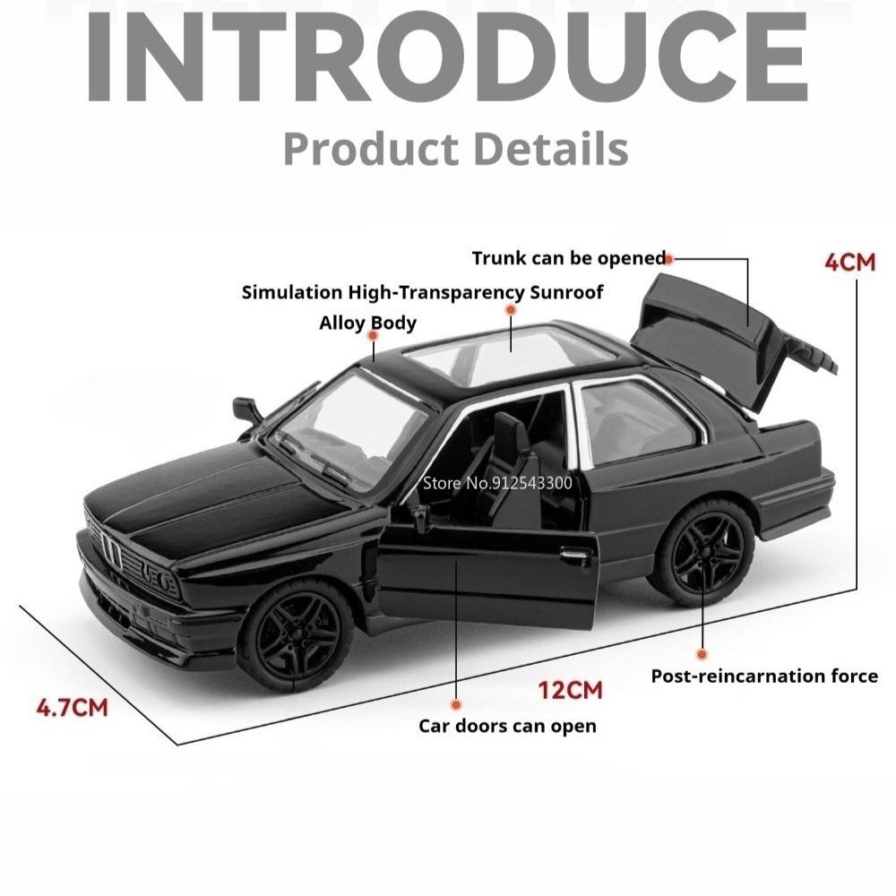 1:36 M3 Sports Car Model Toy Alloy Body Rubber Tires Miniature Cars Doors Opened Pull Back Vehicles Models Interactive Toys