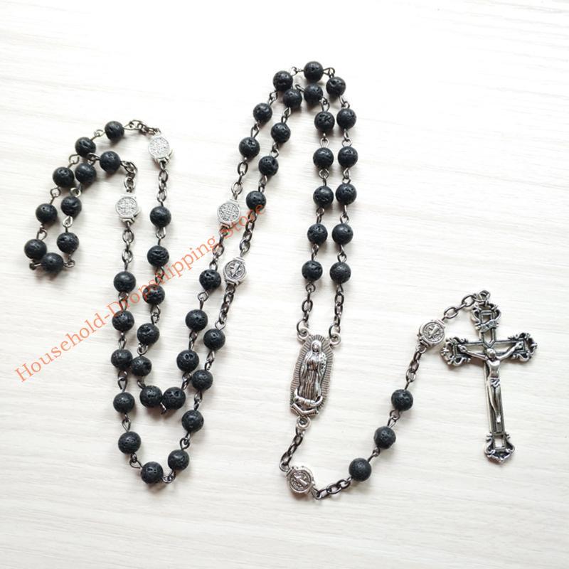 85AD Rosary Beads Long Necklace with Jesus Christ Crucifix for Cross Catholic Prayer Pendant Party Gift for Men Women