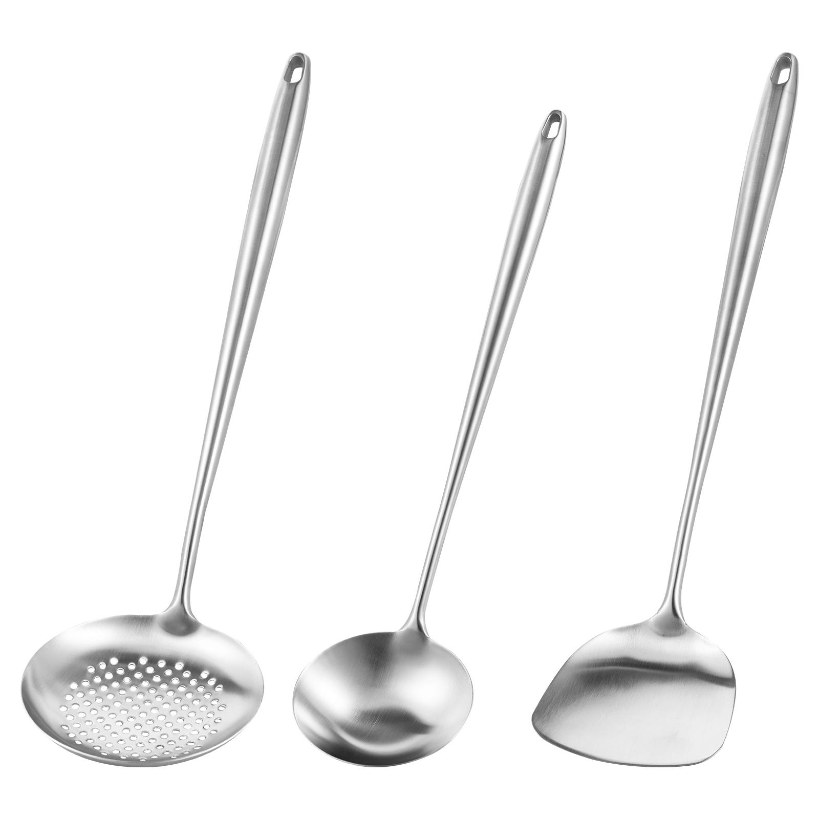 

Stainless Steel Chinese Cooking Utensils Set Solid Wok Spatula and Ladle Skimmer Spoon Hanging Hole Design Kitchen Cooking Tools
