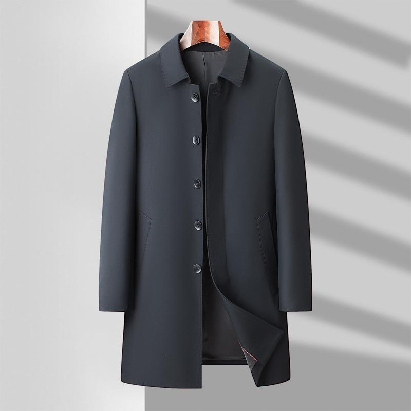 Autumn New Business Casual Men's Clothing Medium and Long Trench Coat Middle-aged and Elderly Solid Color Medium and Long Coat