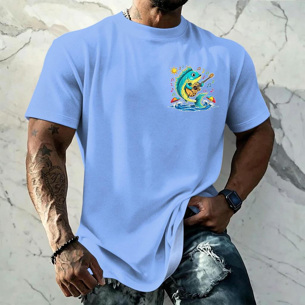 Men's Vintage Textured Print Short Sleeve T Shirt Loose Fit Casual Summer Daily Wear Top with Graphic Fish Design