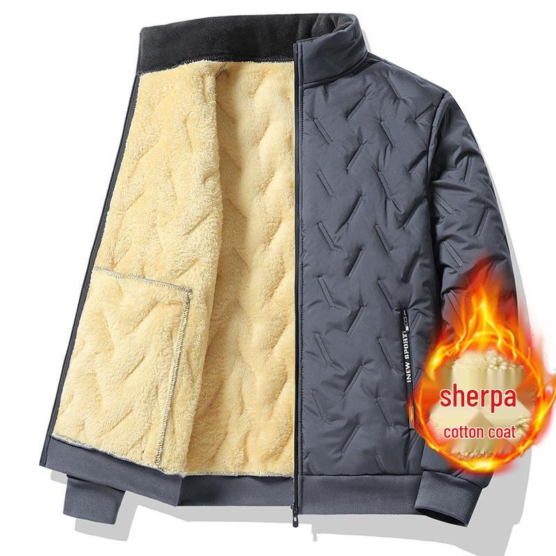 Men s European Cross-Border Winter Jacket, Lambswool & Cotton, Velvet Thickened, Warm Loose Fit, Stand Collar. 2XL