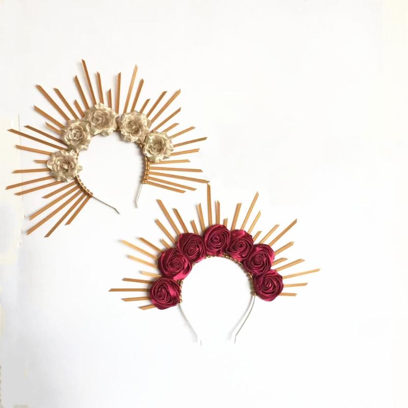 Cerc de păr cu flori steampunk, costum de Halloween gotic întunecat, piesă de cap cu țepi, bentiță punk artistică reglabilă