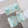 4-piece Set of Blue White Jade Orchid Waterproof Printed Shower Curtains with 12 Hooks, Bathroom Floor Mats