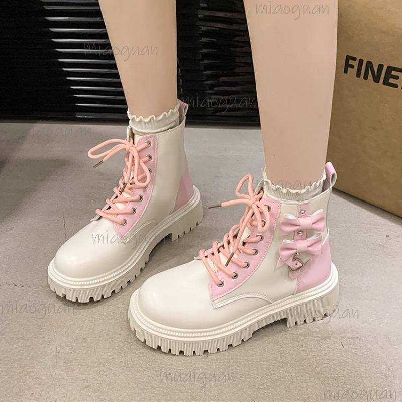 

Women s Cute Lolita Platform Ankle Boots Black/White Bowknot Lace-Up Bottes Low Heel Sweet Fashion Botines for Women Botas Mujer 42 білий