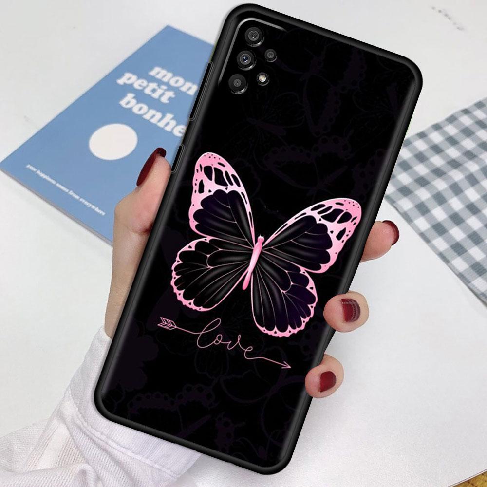 Case For Samsung Galaxy A52 A12 A32 A51 A21s A71 A13 A53 A22 A31 A72 A03 A02s A41 Black Phone Shell Beauty Pink Butterfly