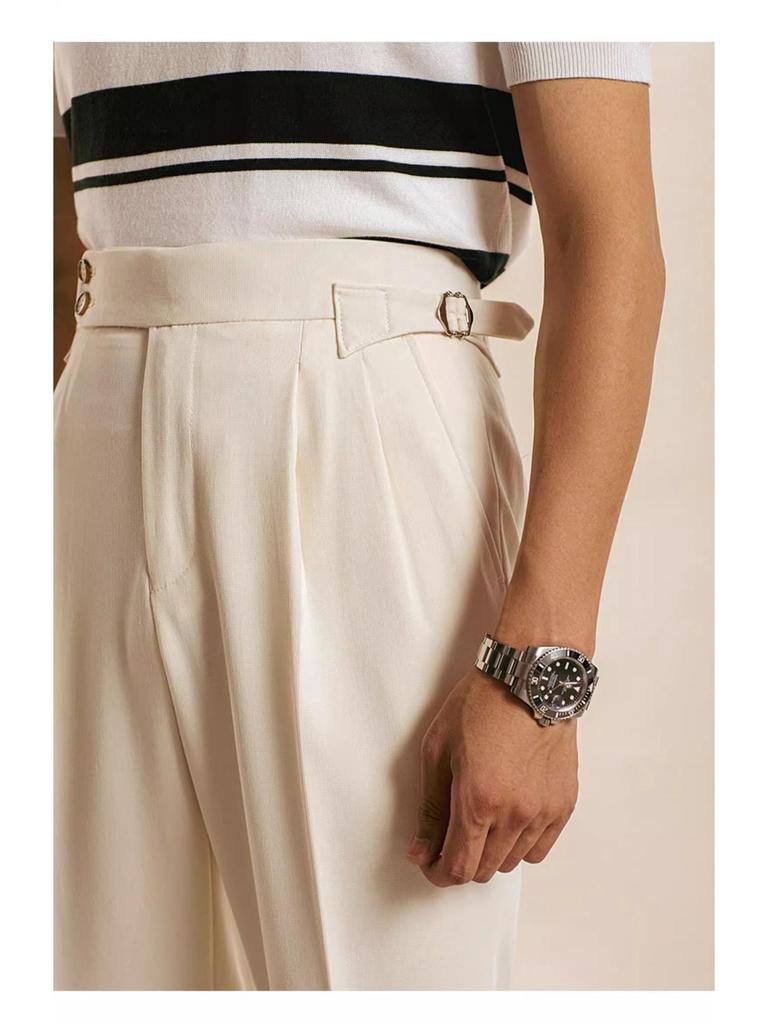 Męskie spodnie neapolitańskie high-end slim-fit, skrócone - ekskluzywne Tony Teacher, styl lekko dojrzały.