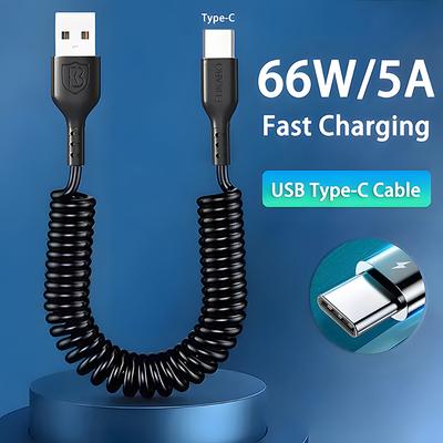 Car USB Type C Cable 66W Fast Charging Spring Telescopic Cable For iPhone 16 Pro Max Samsung Xiaomi OnePlus Charger Accessories