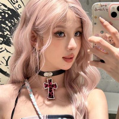Y2K Millennial Babes Leopardenmuster Kreuz Choker Halsband Nische Japanisch Feng Shui Diamant Halskette Schlüsselbeinkette