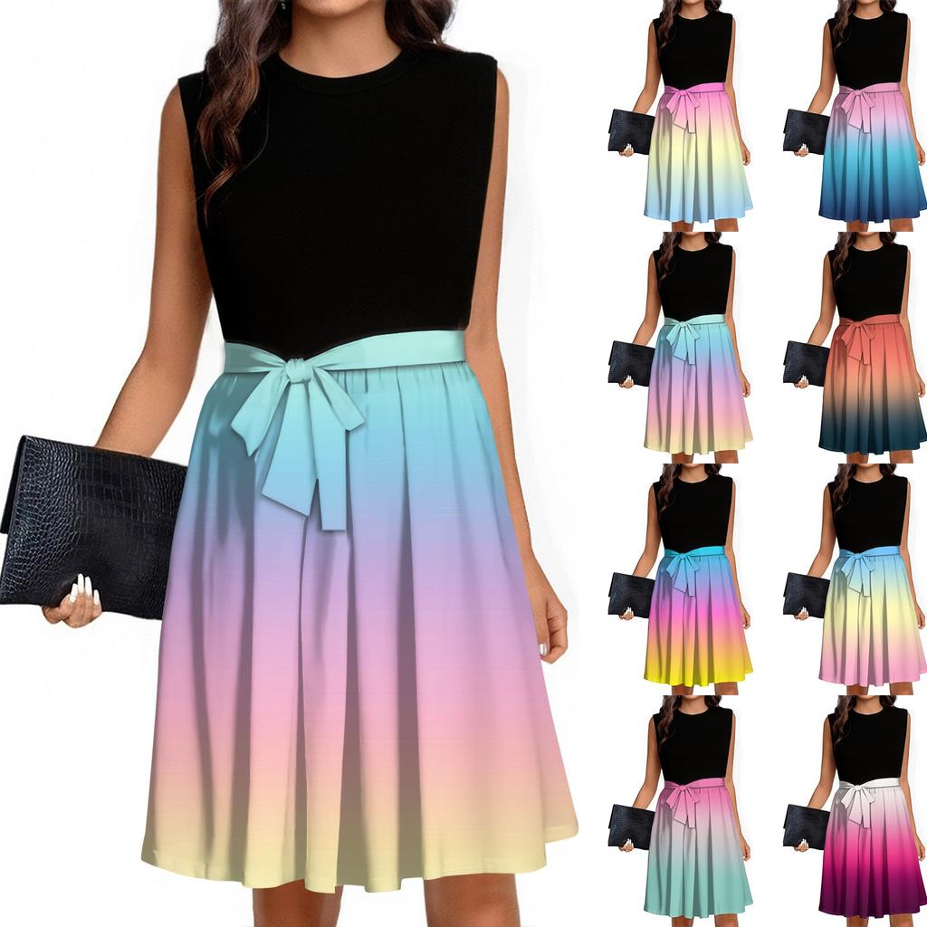 Women's Fashion Casual Lace-up Sleeveless Round Neck Splicing Short Dress