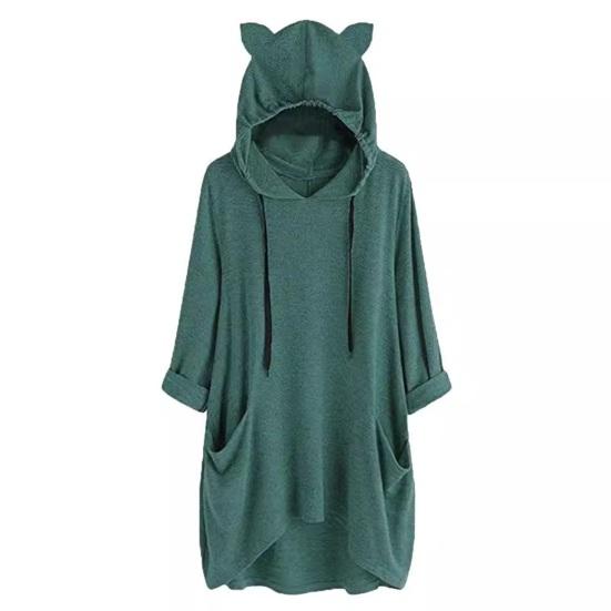 Women Long Pullover Hoodie Irregular Hem 3/4 Sleeve Sweatshirts Cat Ear Hooded Tunic Tops with Pockets