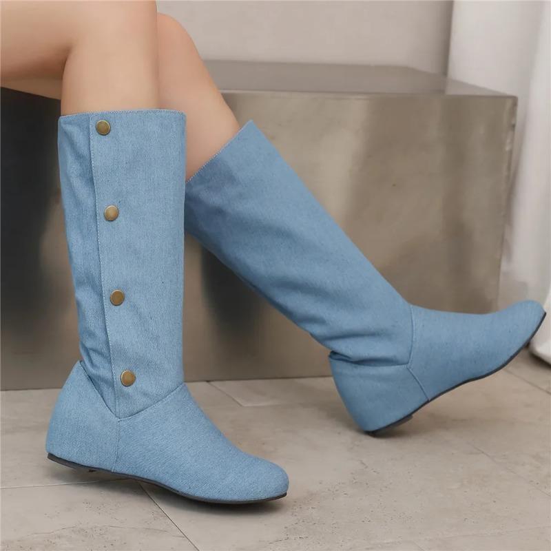 Women Boots 2025 Winter New Fashion Casual Mid Calf Boots Round Toe Buckle Plus Size 34-50 Lady Shoes Rivet Metal Decoration