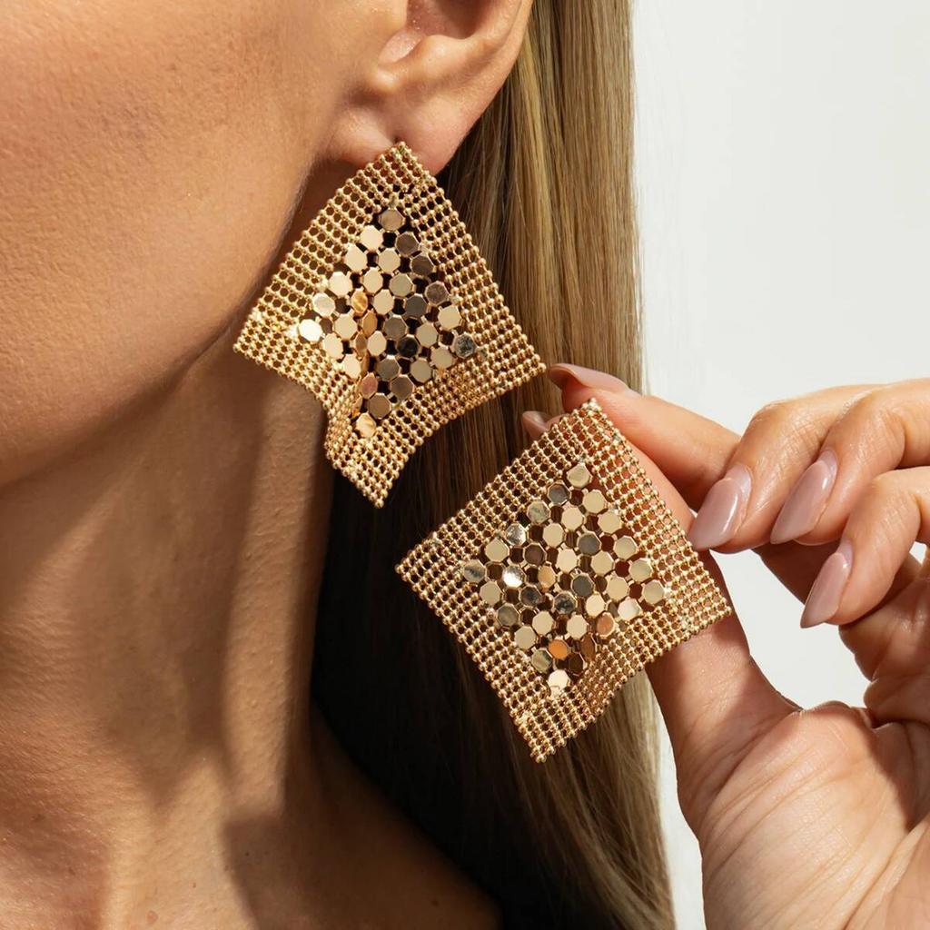 SHIXIN Vintage Metal Sequins Geometric Stud Earrings Women Luxury Irregular Large Square Piercing Earrings Party Jewelry Gifts