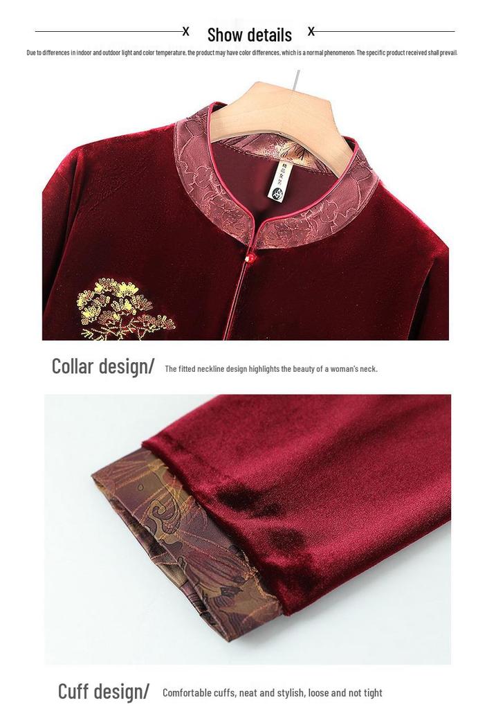 Elegant Golden Velvet Long-Sleeve Shirt for Elderly Women - Perfect for Spring and Autumn