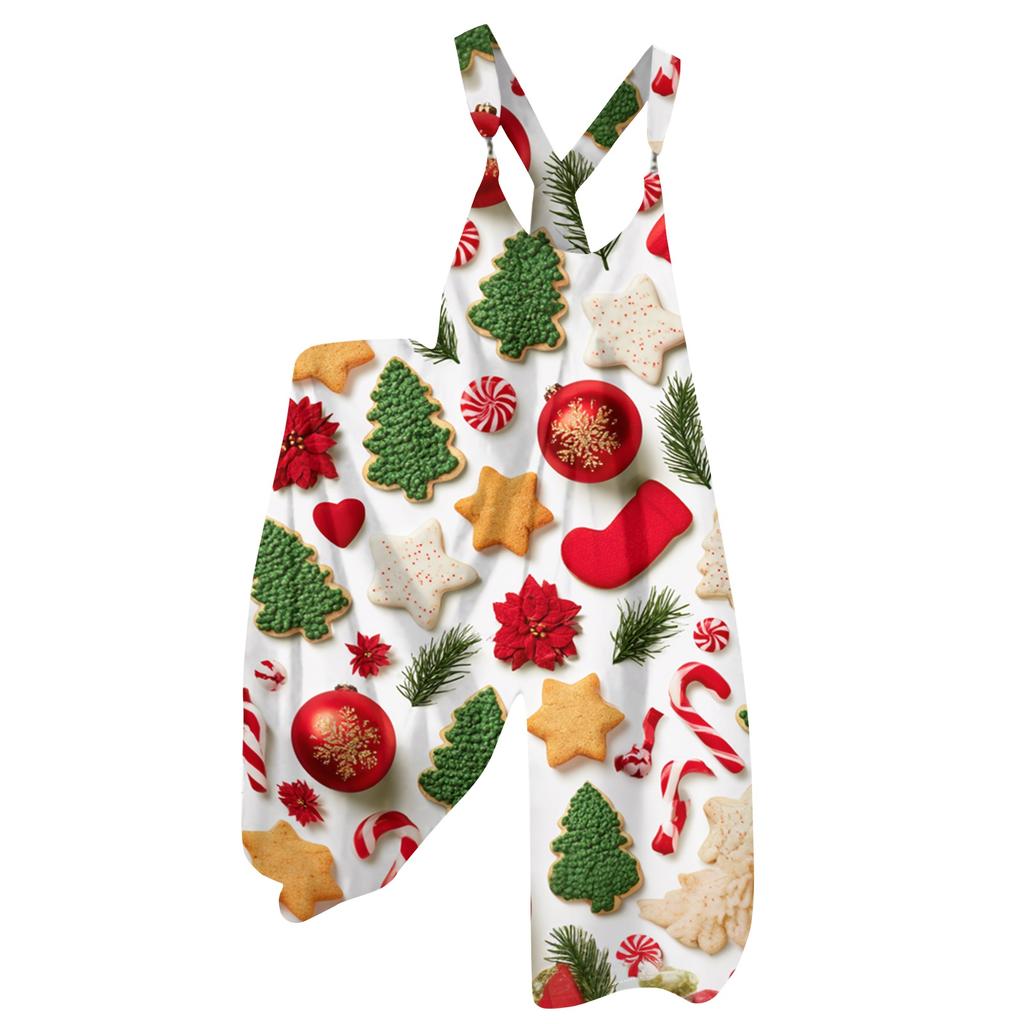 Women's Summer Suspender Jumpsuit with Retro Christmas Print and Non-Adjustable Straps