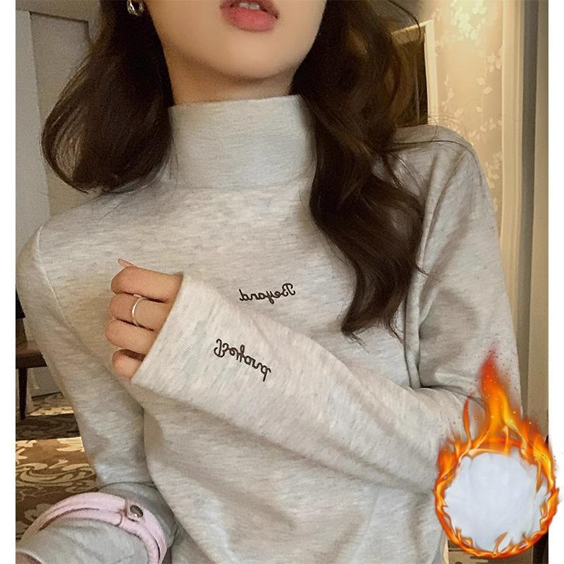 Kwiatowy szary T-shirt z długim rękawem dla kobiet zima nowy półwysoki kołnierz drukowany top niemiecki aksamit plus aksamit pogrubiona wewnętrzna koszulka bazowa