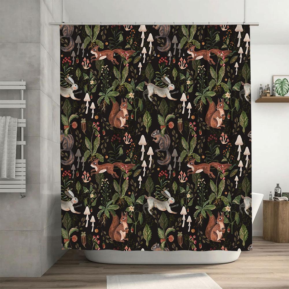Nature-Inspired Shower Curtain Forest Animal Print Bathroom Decorative Waterproof Fabric With Mushroom Design For Home Decoratio