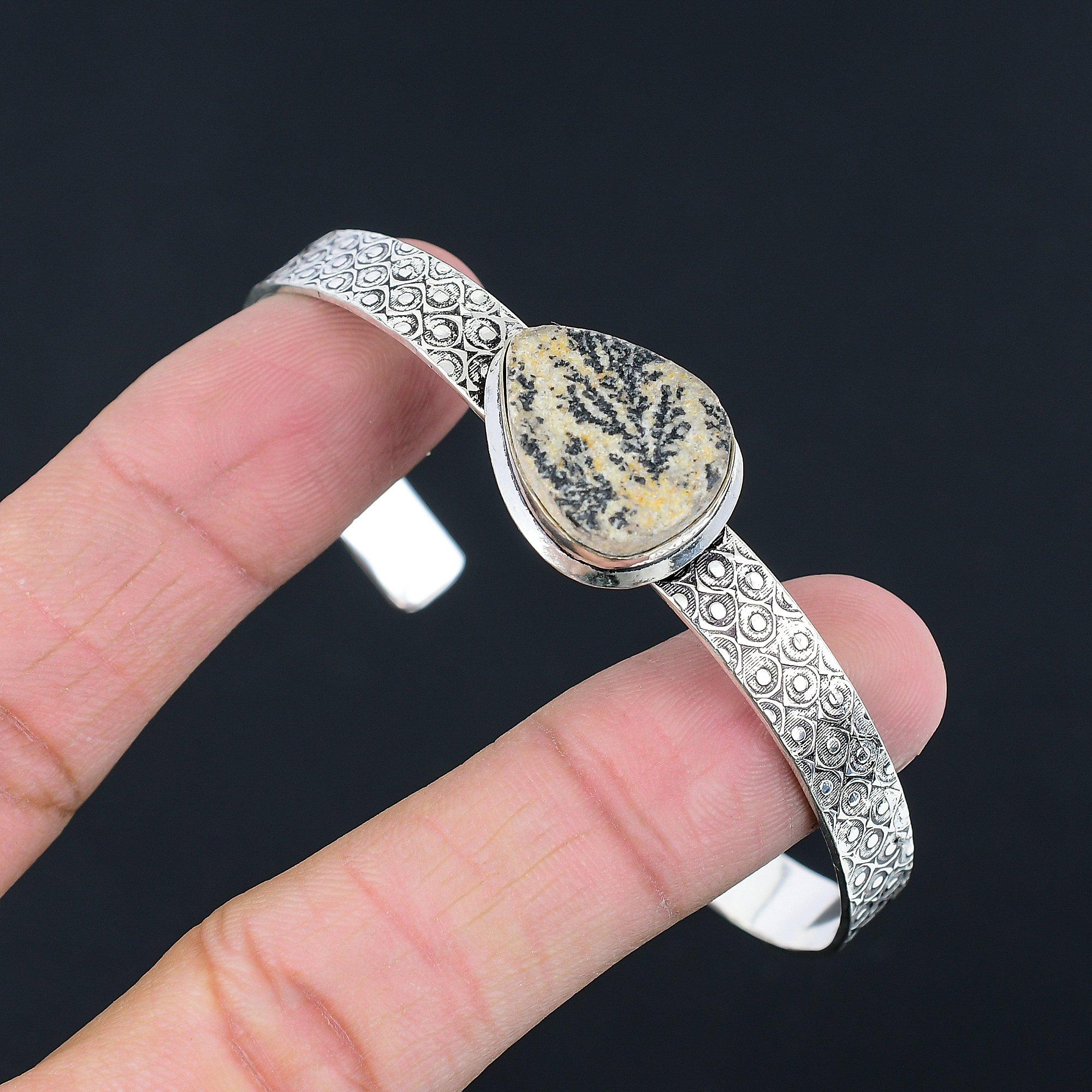 Natural Psilomelane Dendrite Sister Birthday Bangle Jewelry 925 Sterling Silver Adjustable