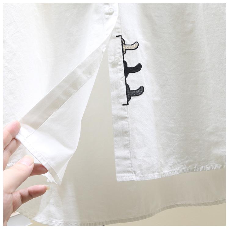 Cămașă de damă cu mânecă lungă din bumbac pur, cu broderie pisică - Top versatil casual de toamnă