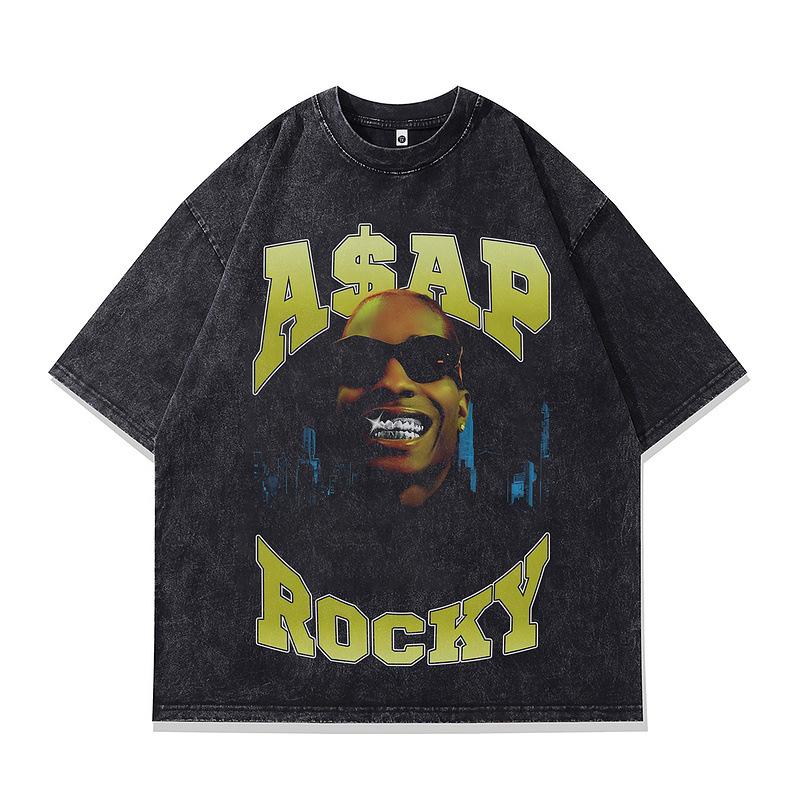 European And American Hip Hop Portrait Printing T-Shirt Oversize High-Quality Men'S Clothing Washed Retro Short-Sleeved T-Shirt