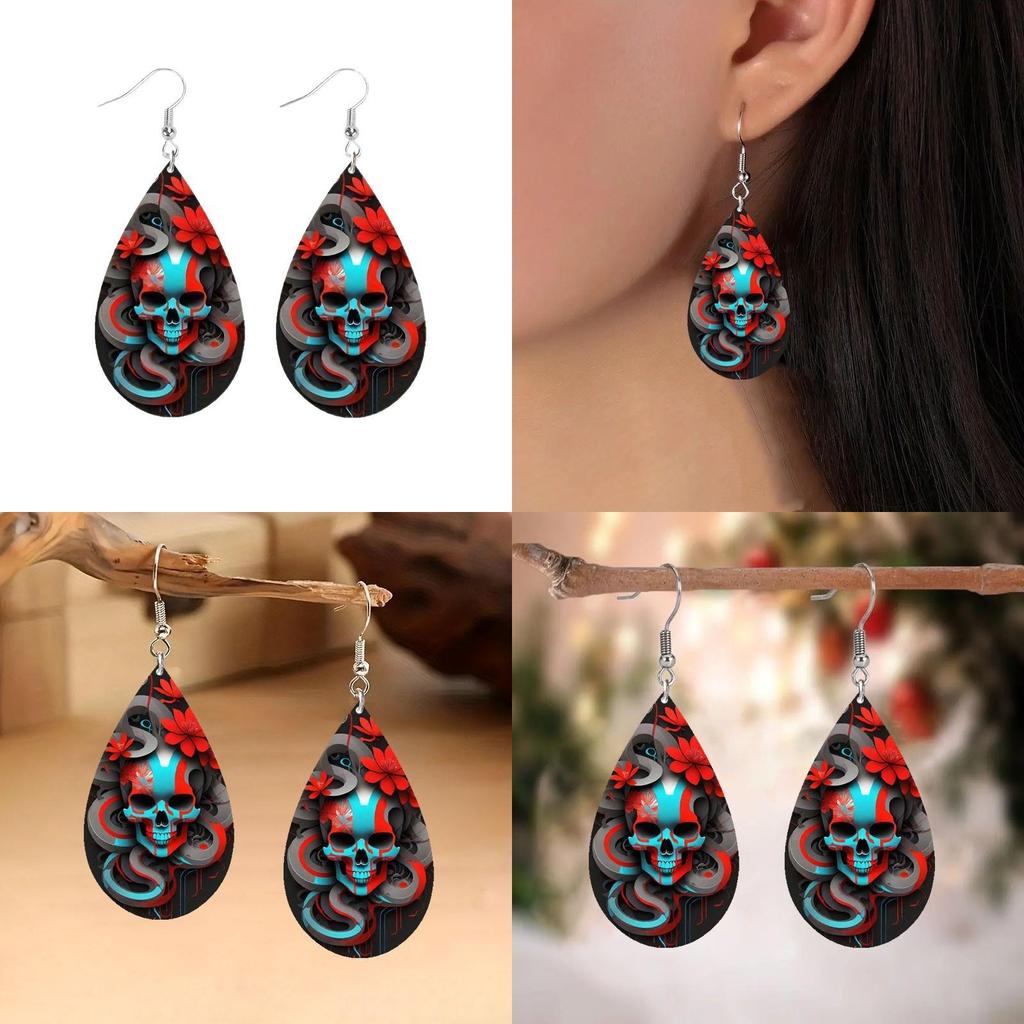 Halloween Themed Flower Skull Patterns Water Droplet Shaped Women Earrings
