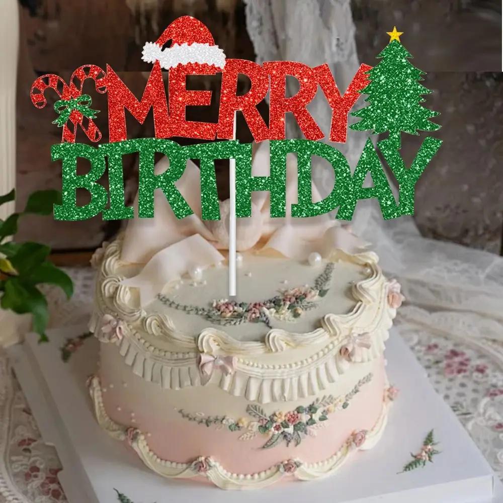 1PC Christmas Cake Holiday Birthday Cake Decor  Insert Red Merry Birthday Christmas Home Cake Plate Holiday Party Decorations