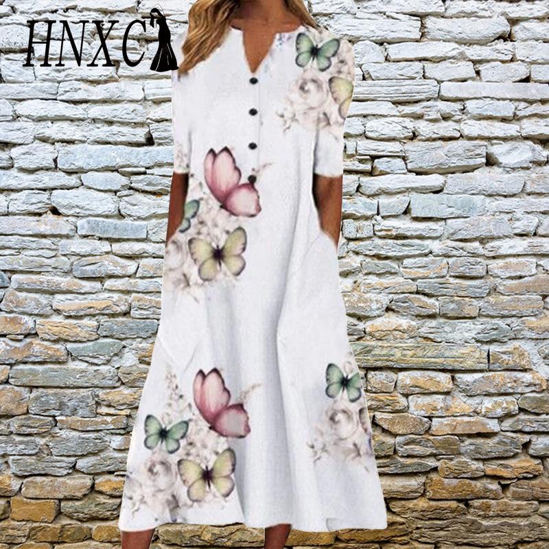 HNXC Elegant Women Dresses V Neck Short Sleeve Button Party Dress Female Summer Vintage Print Dress Casual Loose Floral Ladies Dresses