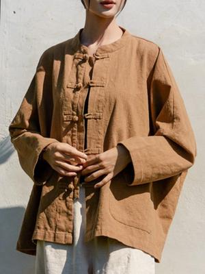 Women Chinese Style Bat Sleeve Jackets Button Solid Color Vintage Linen Coats Pockets Stand Autumn Women Loose Jackets