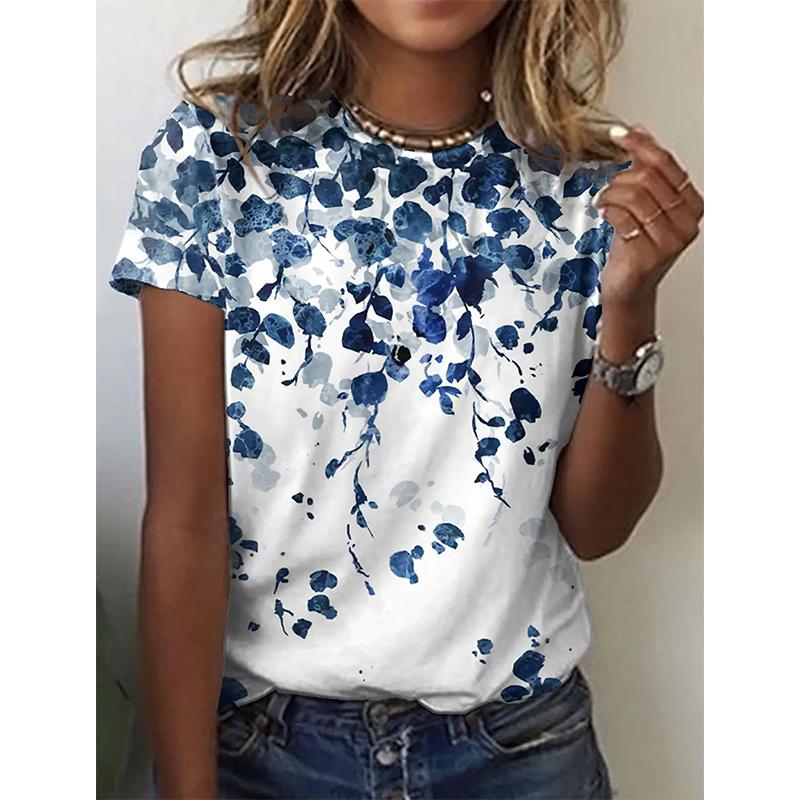 T-shirts d'été à fleurs imprimé 3D pour femmes Streetwear Décontracté Col rond T-shirt Y2k Harajuku Surdimensionné Y2K Haut T-shirts Vêtements Femme