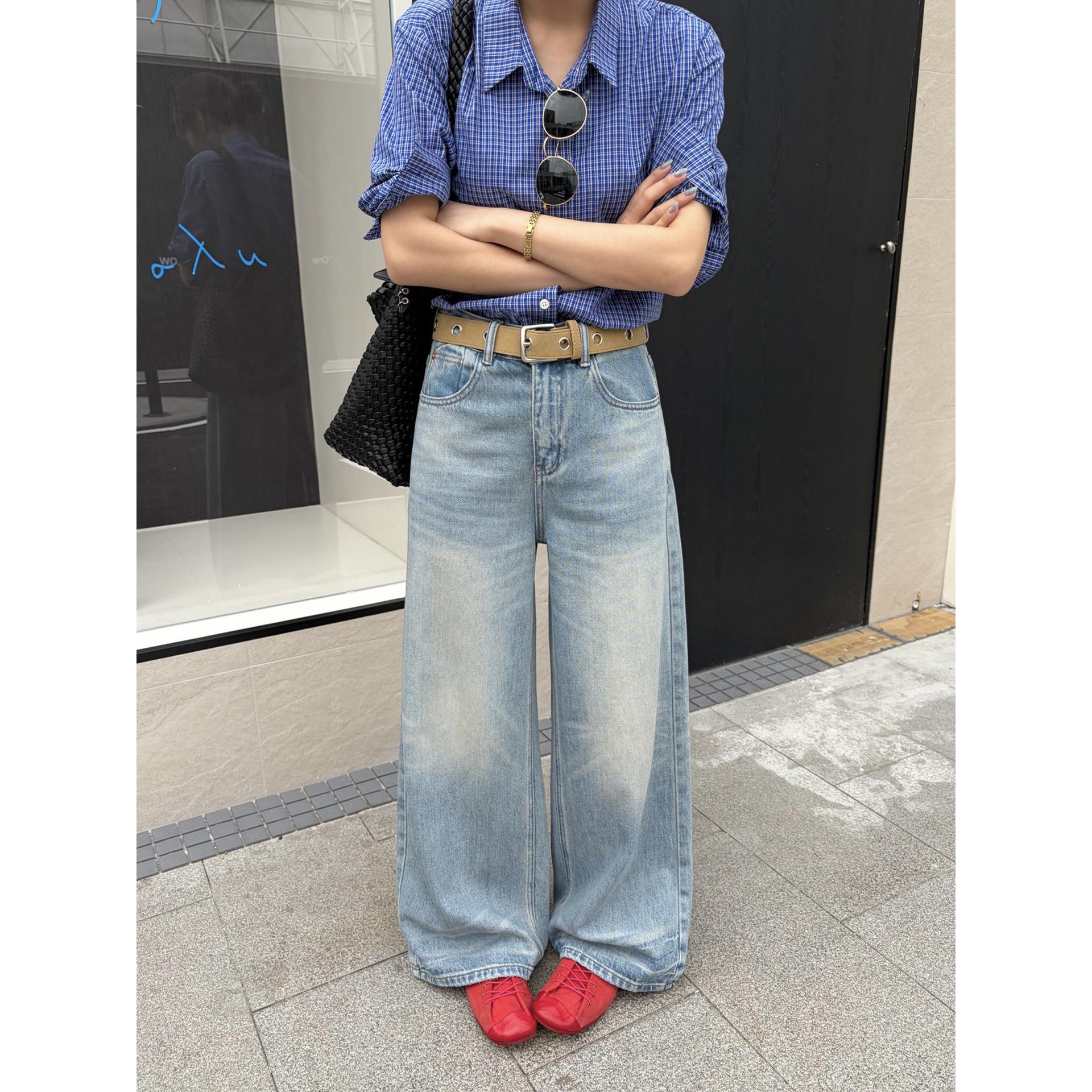 

ICC Early Spring Women s Relaxed Fit Wide-Leg Jeans - Washed Cat Whiskers Design, Loose Fit 1910 Style. Small джинсовый синий
