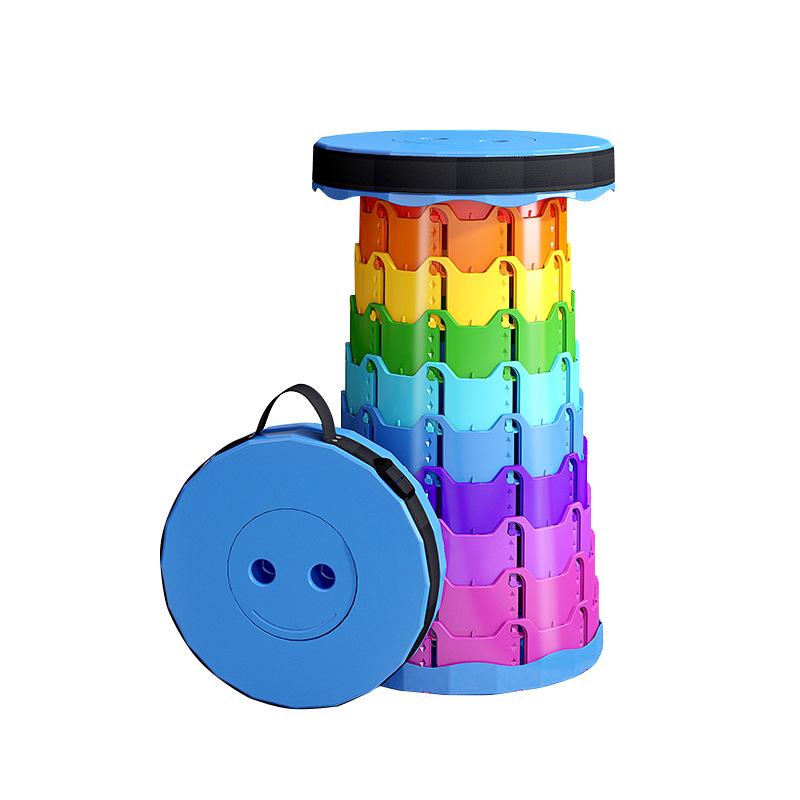 Rainbow Retractable Portable Camping Stool - Round, Plastic Folding Design.