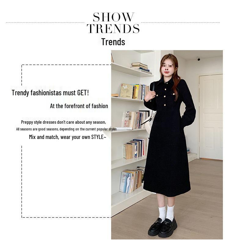 Thickened 300g Corduroy Hepburn-Style Long-Sleeve Dress | Large Autumn/Winter Coffee Break