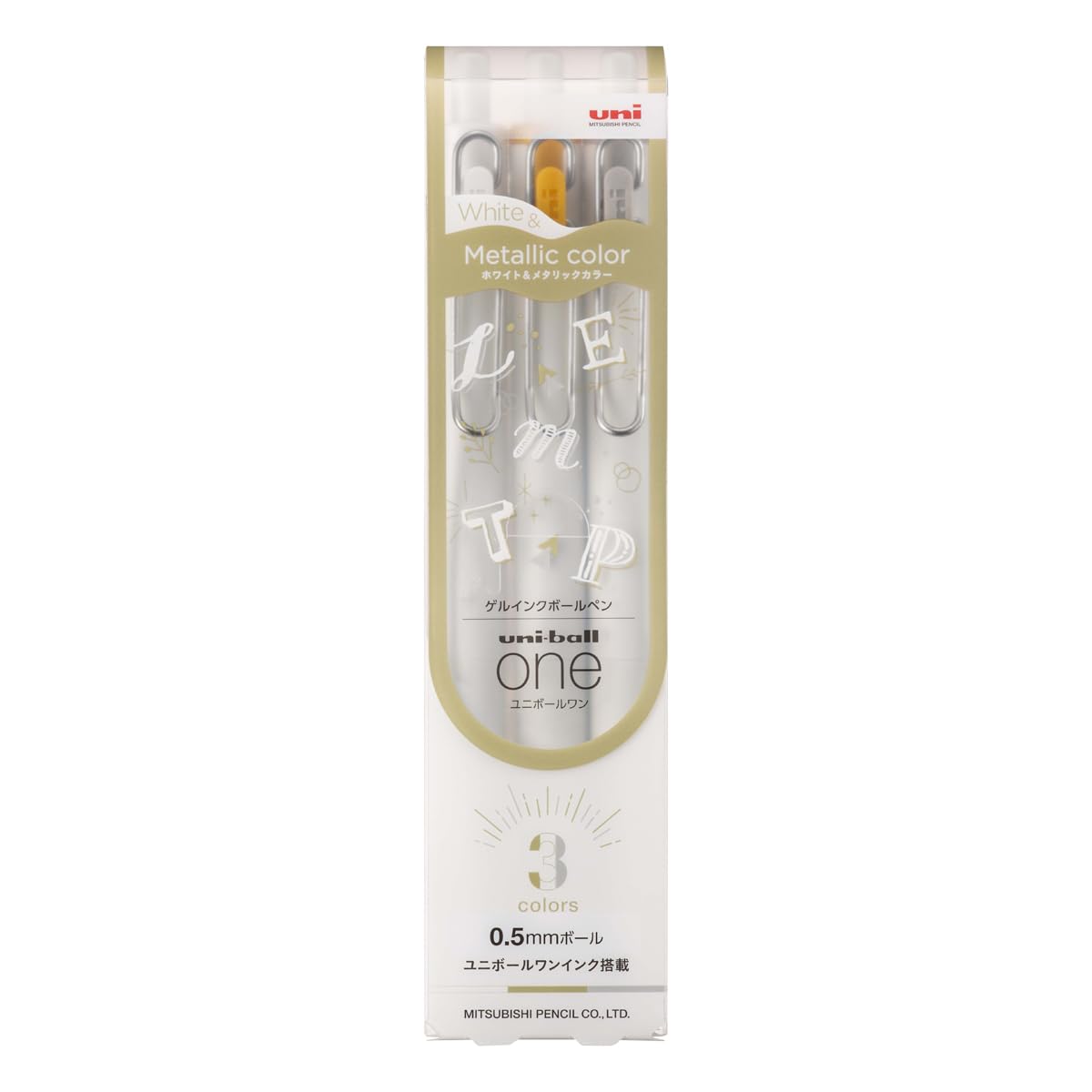 Mitsubishi Pencil One Gel Ballpoint UMNSC05WGS3C Uni-ball Pen, 0.5mm, White, Gold, Silver, 3-Pack,
