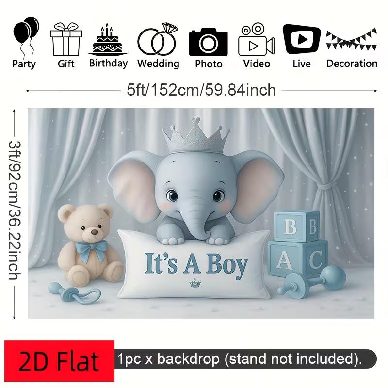 2D Boy Baby Shower Banner, Blue Elephant & ABC Blocks Decoration Background