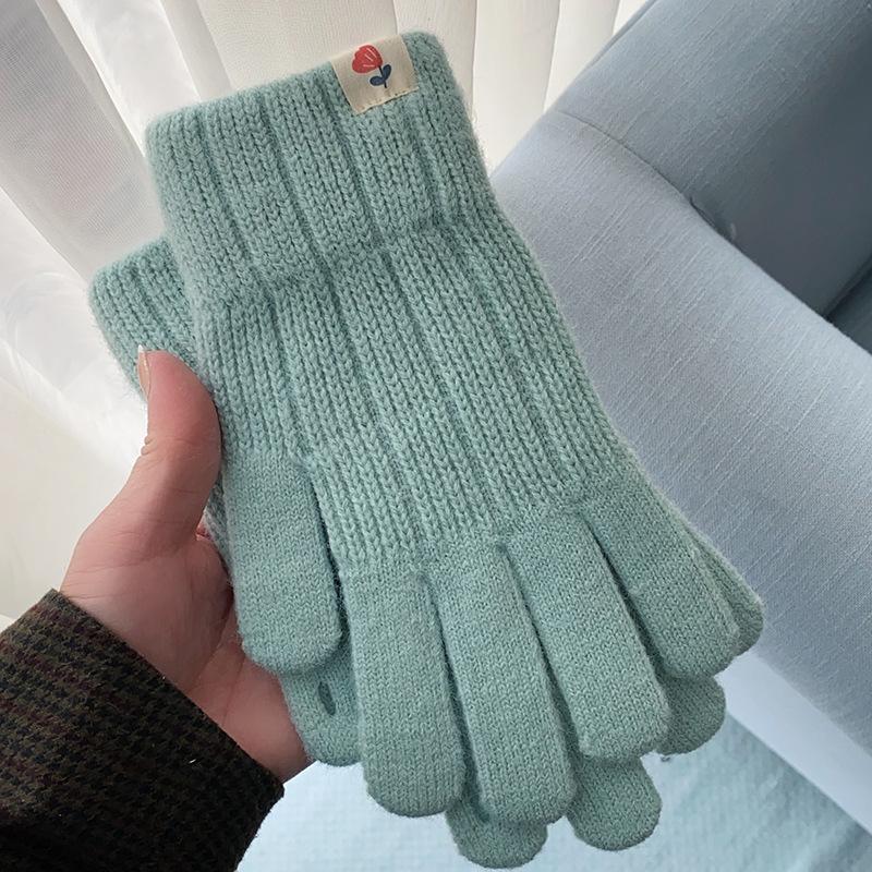 Warm Gloves for Men and Women In Autumn and Winter Solid Color Simple Versatile Woolen Knitted Brushed Thickened Five Finger Split