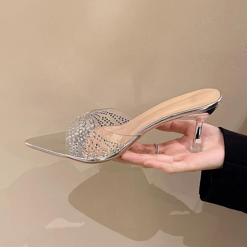 

Fashion 2025 Women Designer Sandals Summer Outside Wear Slides Stilettos Pointed Toes Open-toed 35 серебряный