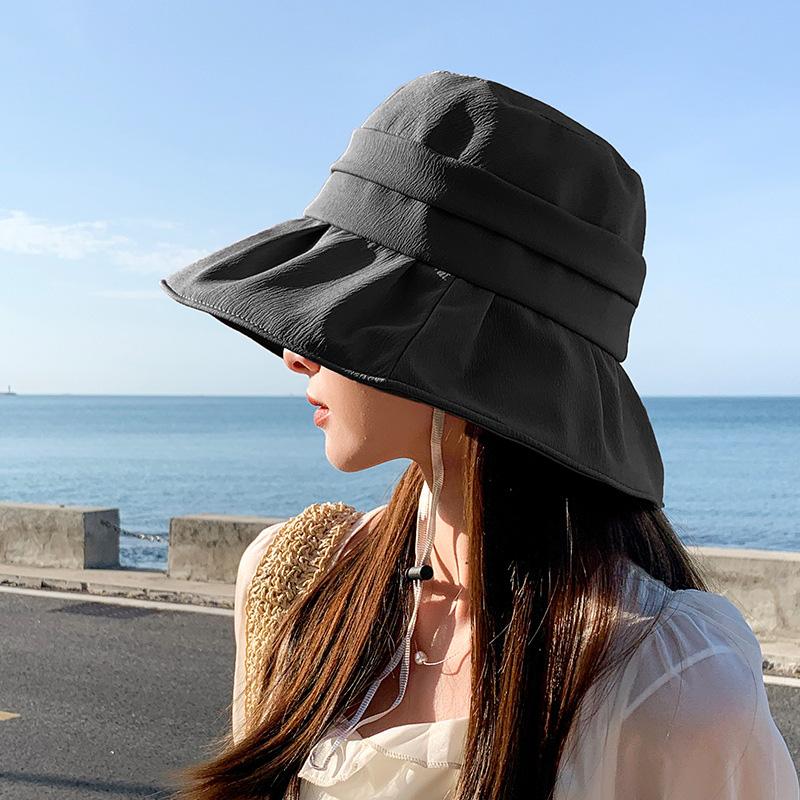 

Fashion Solid Color Bucket Hat for Women Summer Wide Brim Sunshade Ruffle Brim UV Protection Basin Cap Girls Outdoor Hat One Size чорний