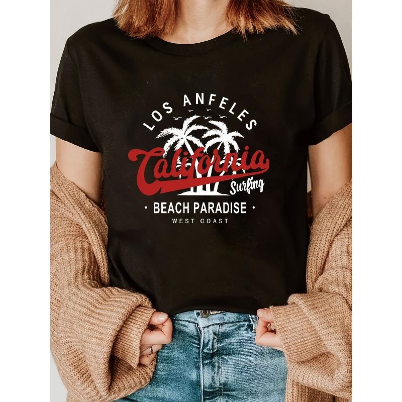 

European size [1pc Geometric Palm Tree Print T-Shirt] 1pc Women S Casual Short Sleeve Round Neck T-Shirt with Geometric Palm Tree Print 4XL