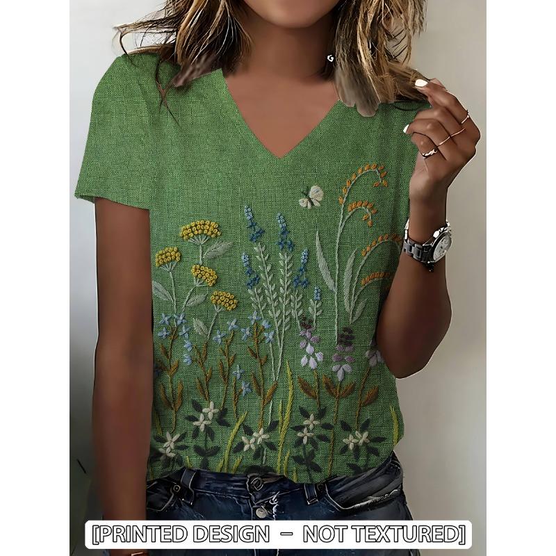 Forest style countryside style fresh natural floral print women s green V-neck short sleeved T-shirt. Suitable for casual attire S
