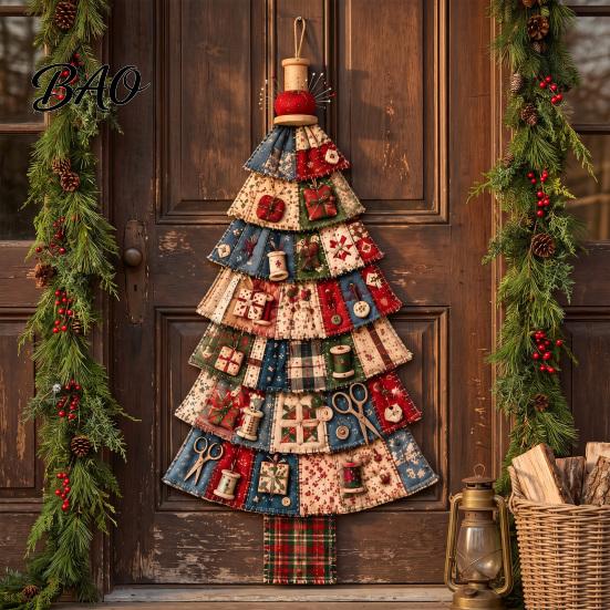 Stitched Fabric Keepsake for Fireplaces Christmas Handmade Door Hanging Kit, Patchwork Tree Decoration DIY Sewing Traditional Craft Project