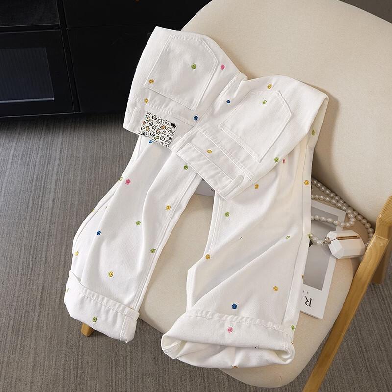 She Pool Women's Floral Embroidered High-Waisted Straight Leg Jeans