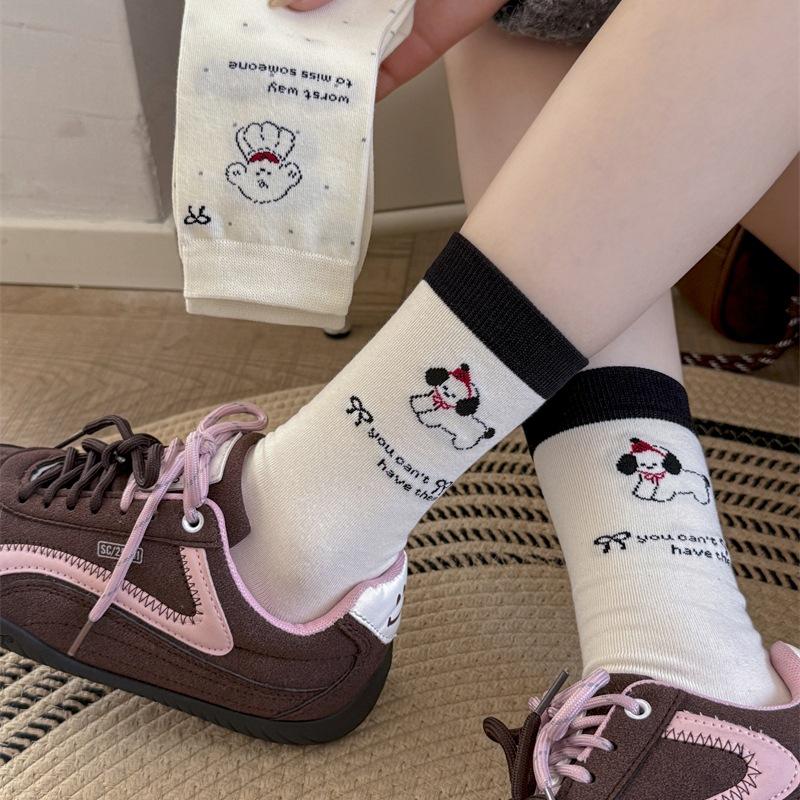White Cute Cartoon English Dog Boneless Mid-calf Socks for Women, Pure Cotton Bow Polka Dot Pile Socks